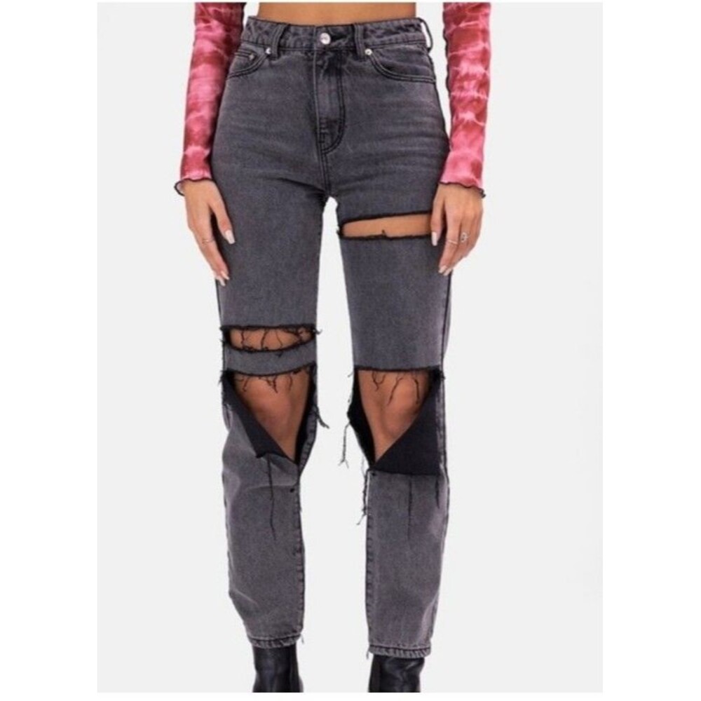 Adika‎ Davis Jeans Straight High Rise Black Wash Destroyed Women's Small